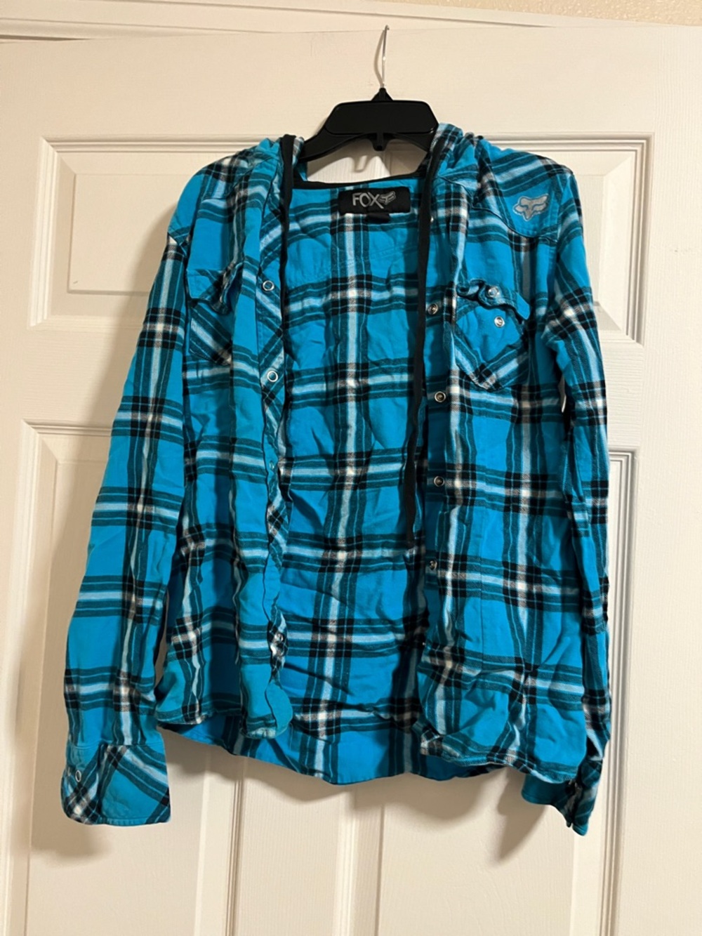 Fox Turquoise and Black Plaid Hooded Button-Up Shirt